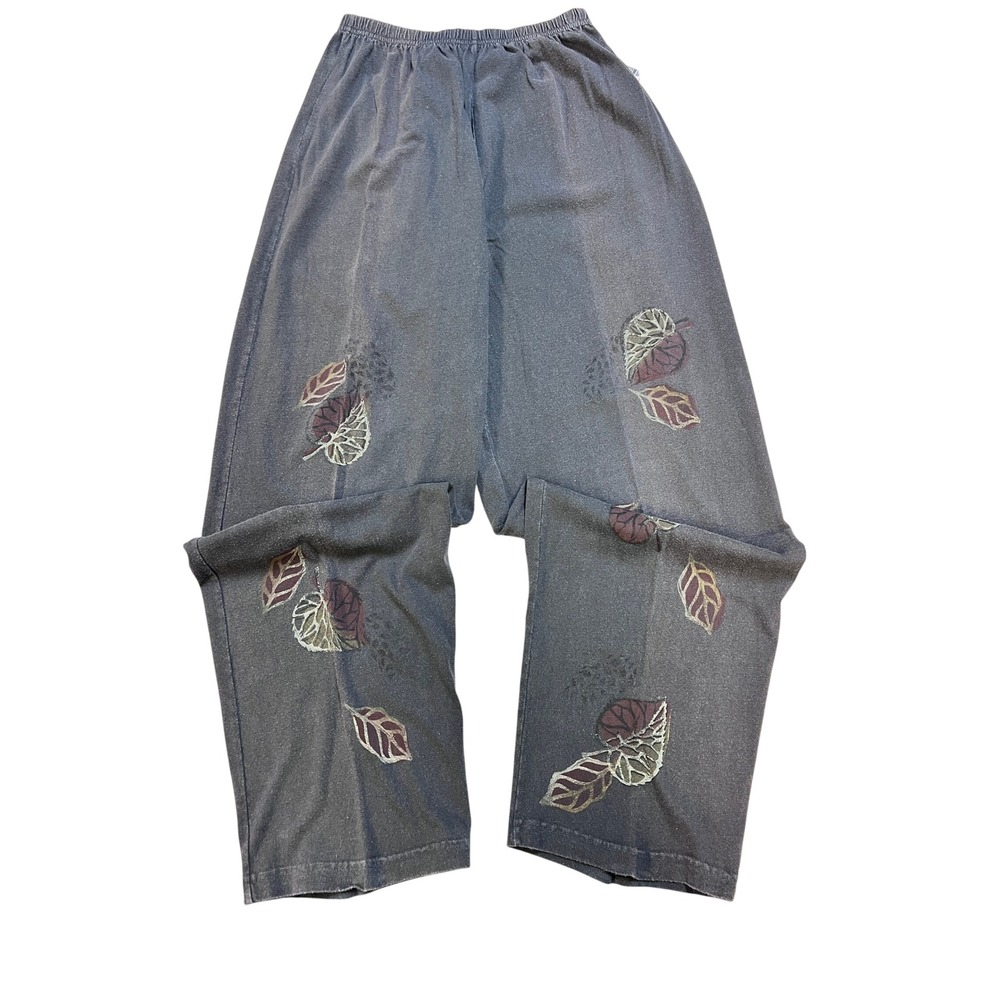 Blue Fish Clothing Wide Leg Pants Womens Size M Gray Good Hand Printed Leaf